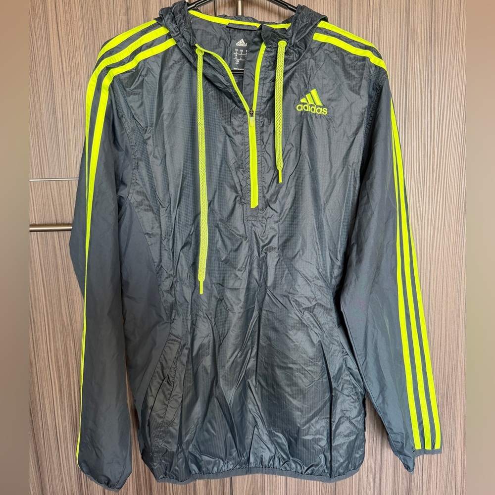 Adidas Charcoal and Neon Green 1/2 Zip Hooded Windbreaker - size small